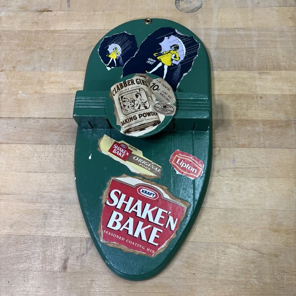 Vintage MCM Green Wood Wall Knife Rack Decoupage Shake N Bake Lipton Advertising